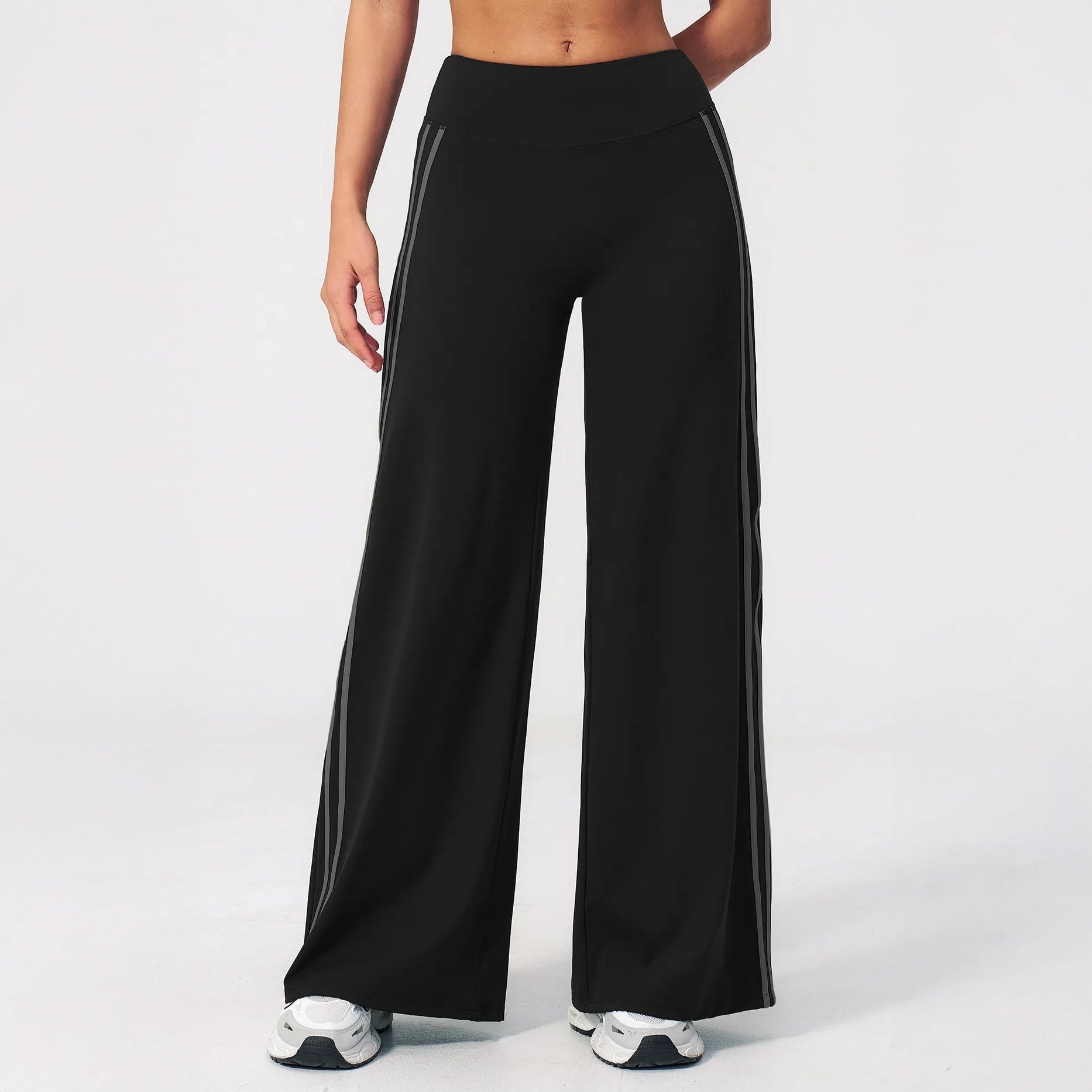 Contrast Side-Stripe Yoga Flare Pants - Black - black front leg view