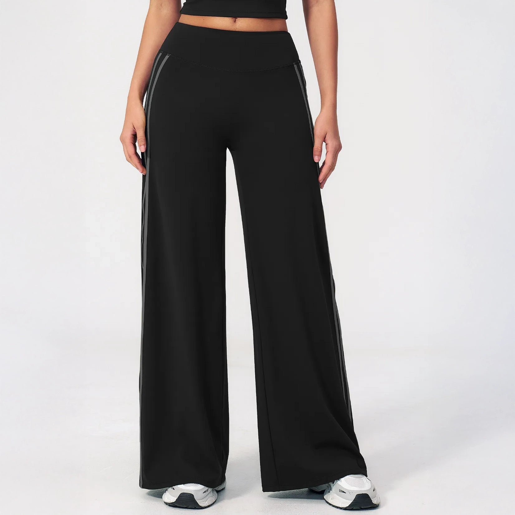 Contrast Side-Stripe Yoga Flare Pants - Black - black front view