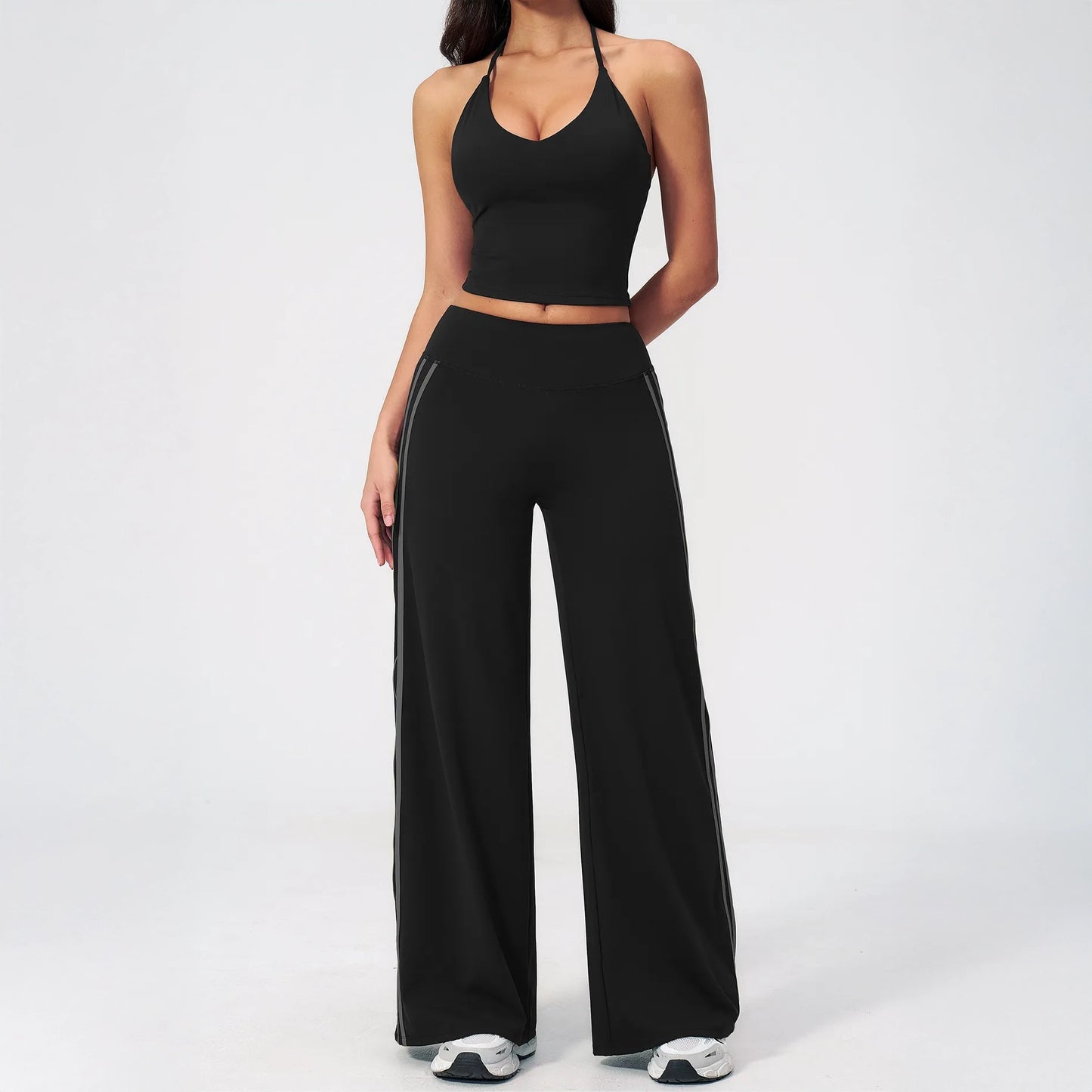 Contrast Side-Stripe Yoga Flare Pants - Black - black full styling