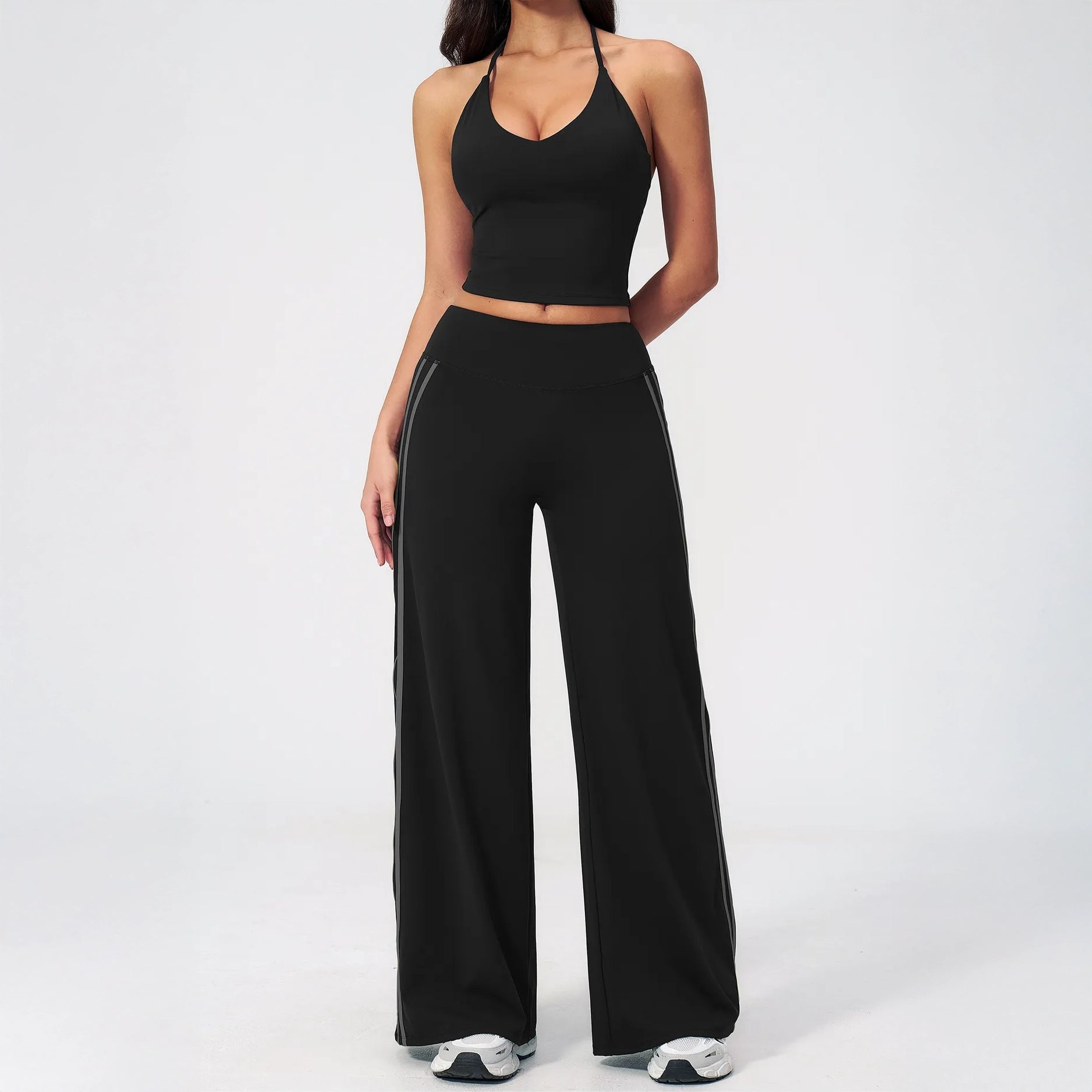 Contrast Side-Stripe Yoga Flare Pants - Black - black full styling