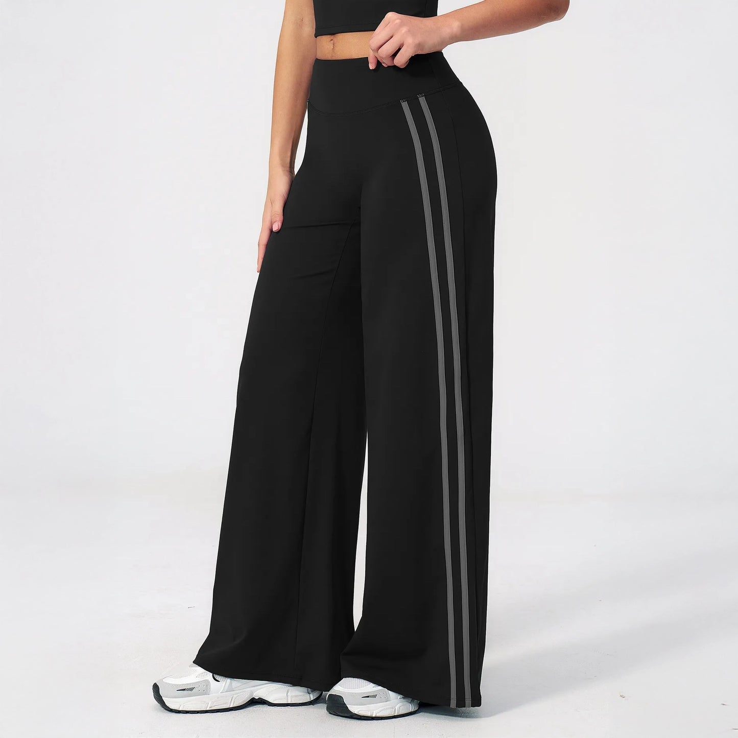 Contrast Side-Stripe Yoga Flare Pants - Black - black side stripe view