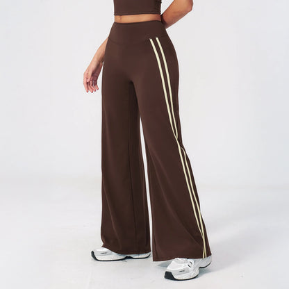 Contrast Side-Stripe Yoga Flare Pants - Coffee Brown - coffee brown angled leg view