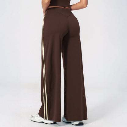 Contrast Side-Stripe Yoga Flare Pants - Coffee Brown - coffee brown back view
