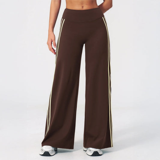 Contrast Side-Stripe Yoga Flare Pants - Coffee Brown - coffee brown front leg view