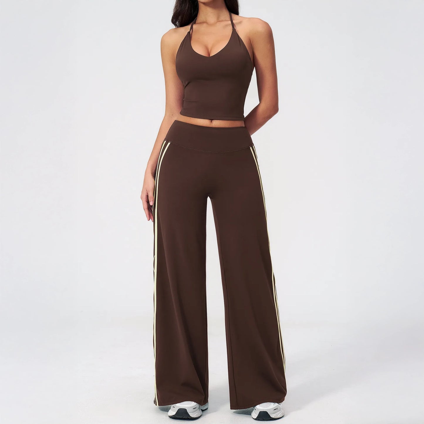 Contrast Side-Stripe Yoga Flare Pants - Coffee Brown - coffee brown full styling