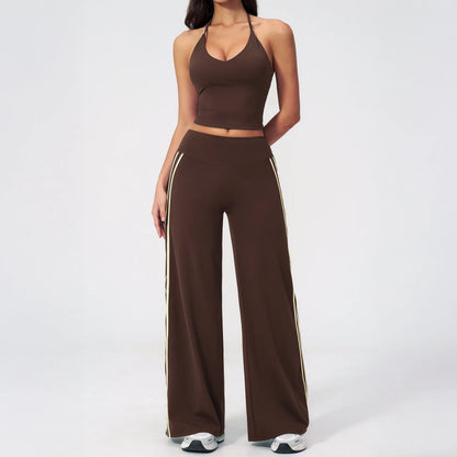 Contrast Side-Stripe Yoga Flare Pants - Coffee Brown - coffee brown full styling