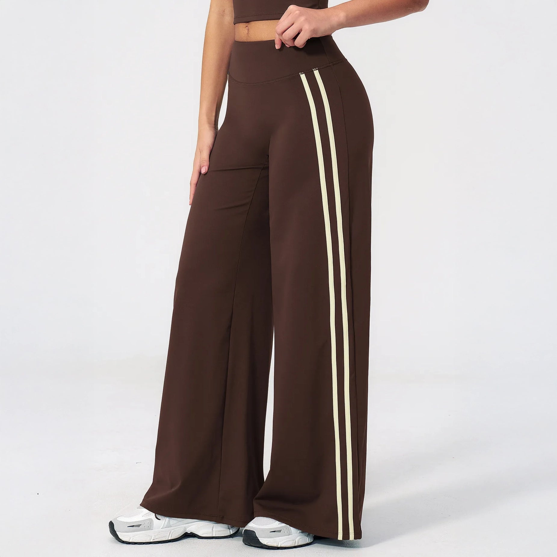 Contrast Side-Stripe Yoga Flare Pants - Coffee Brown - coffee brown side stripe view