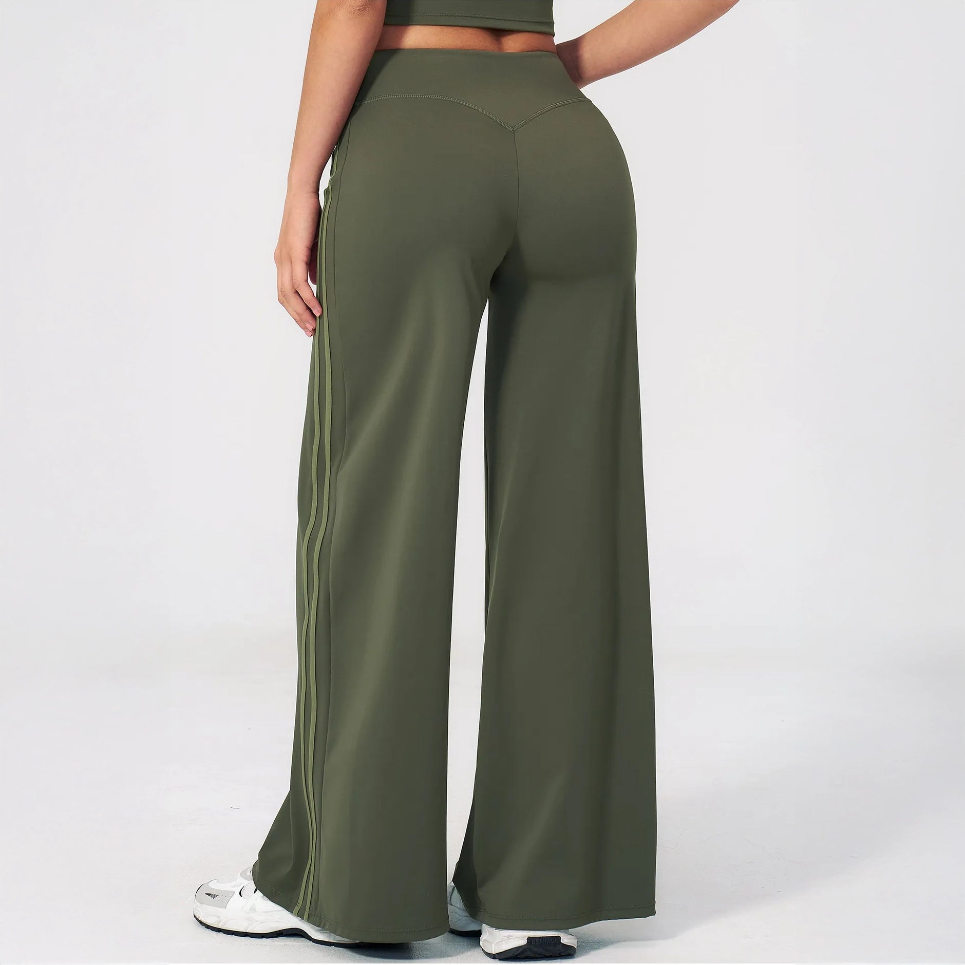 Contrast Side-Stripe Yoga Flare Pants - Moss Green - moss green back view
