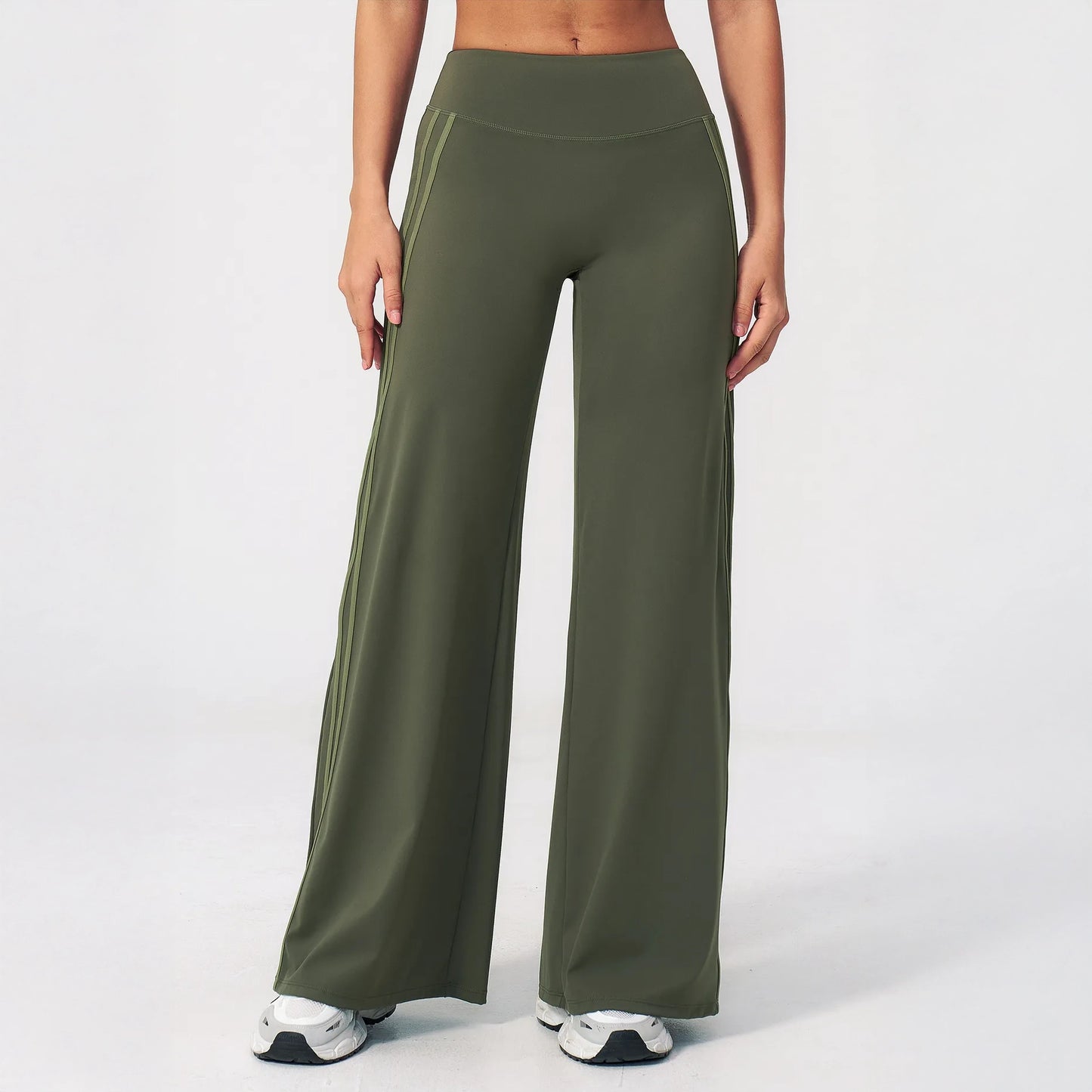 Contrast Side-Stripe Yoga Flare Pants - Moss Green - moss green front leg view