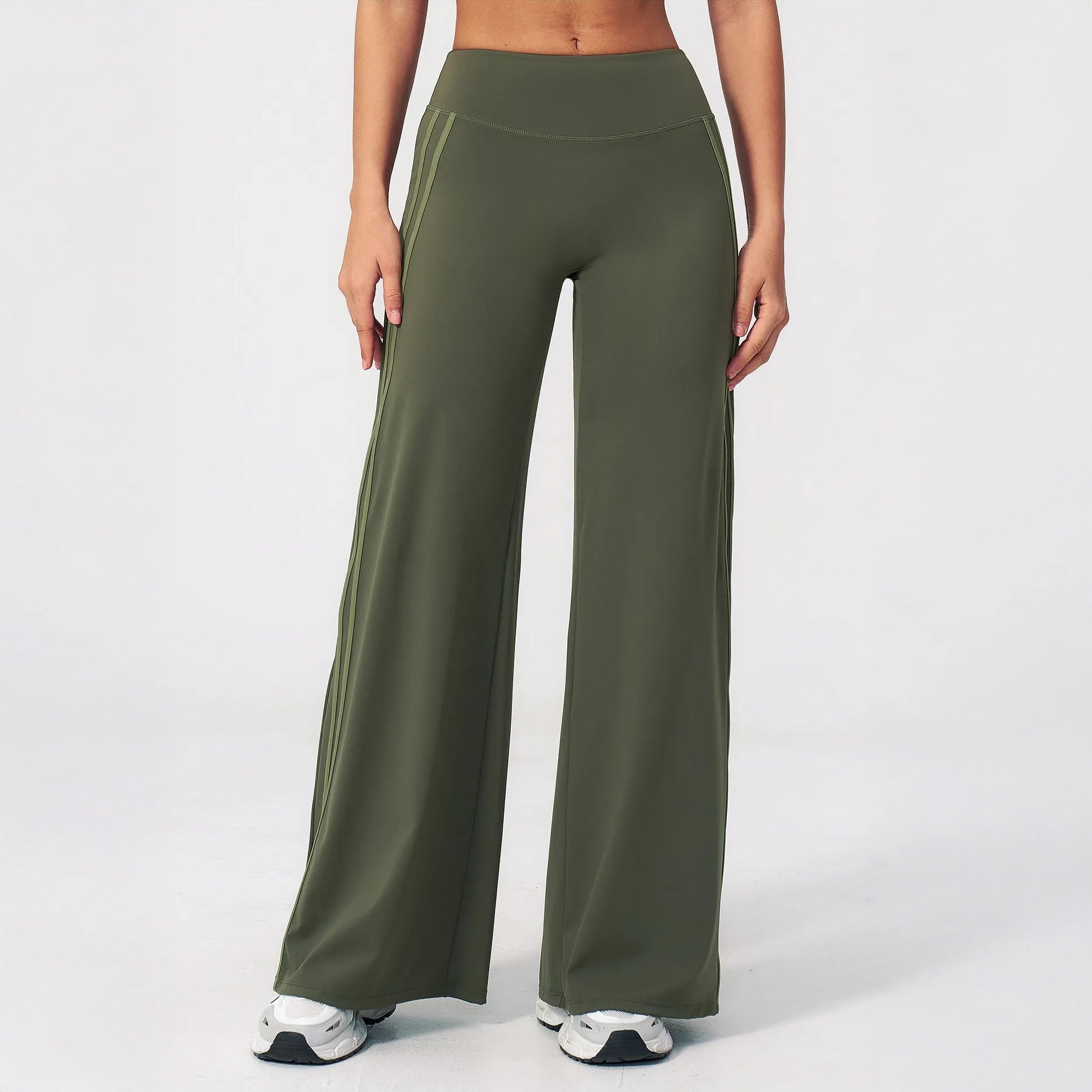Contrast Side-Stripe Yoga Flare Pants - Moss Green - moss green front leg view