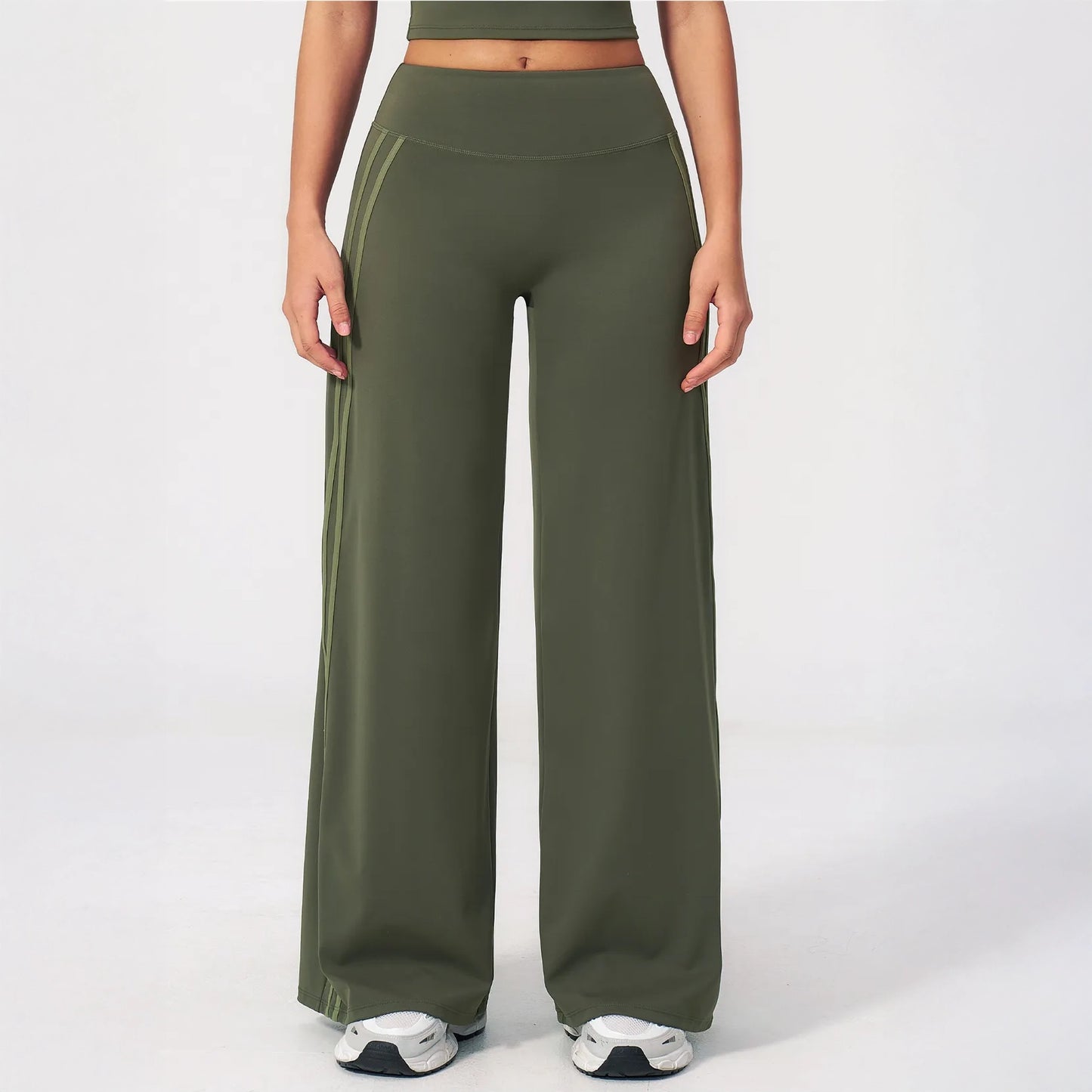 Contrast Side-Stripe Yoga Flare Pants - Moss Green - moss green front view