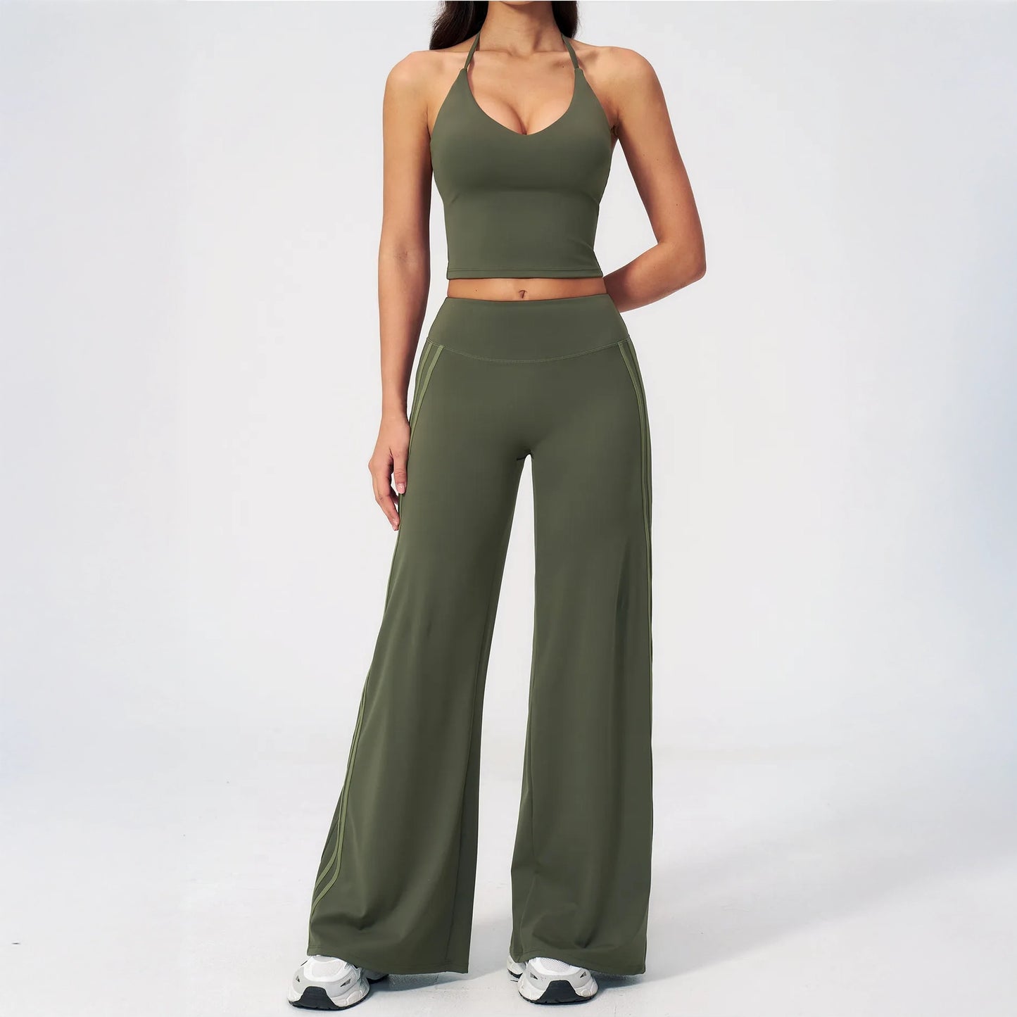 Contrast Side-Stripe Yoga Flare Pants - Moss Green - moss green full styling