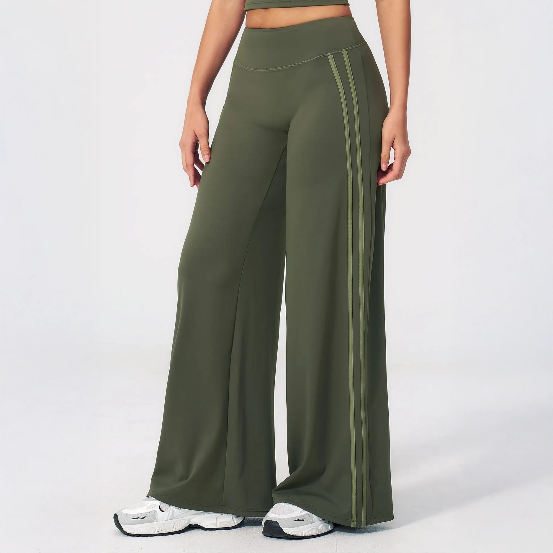 Contrast Side-Stripe Yoga Flare Pants - Moss Green - moss green side stripe view