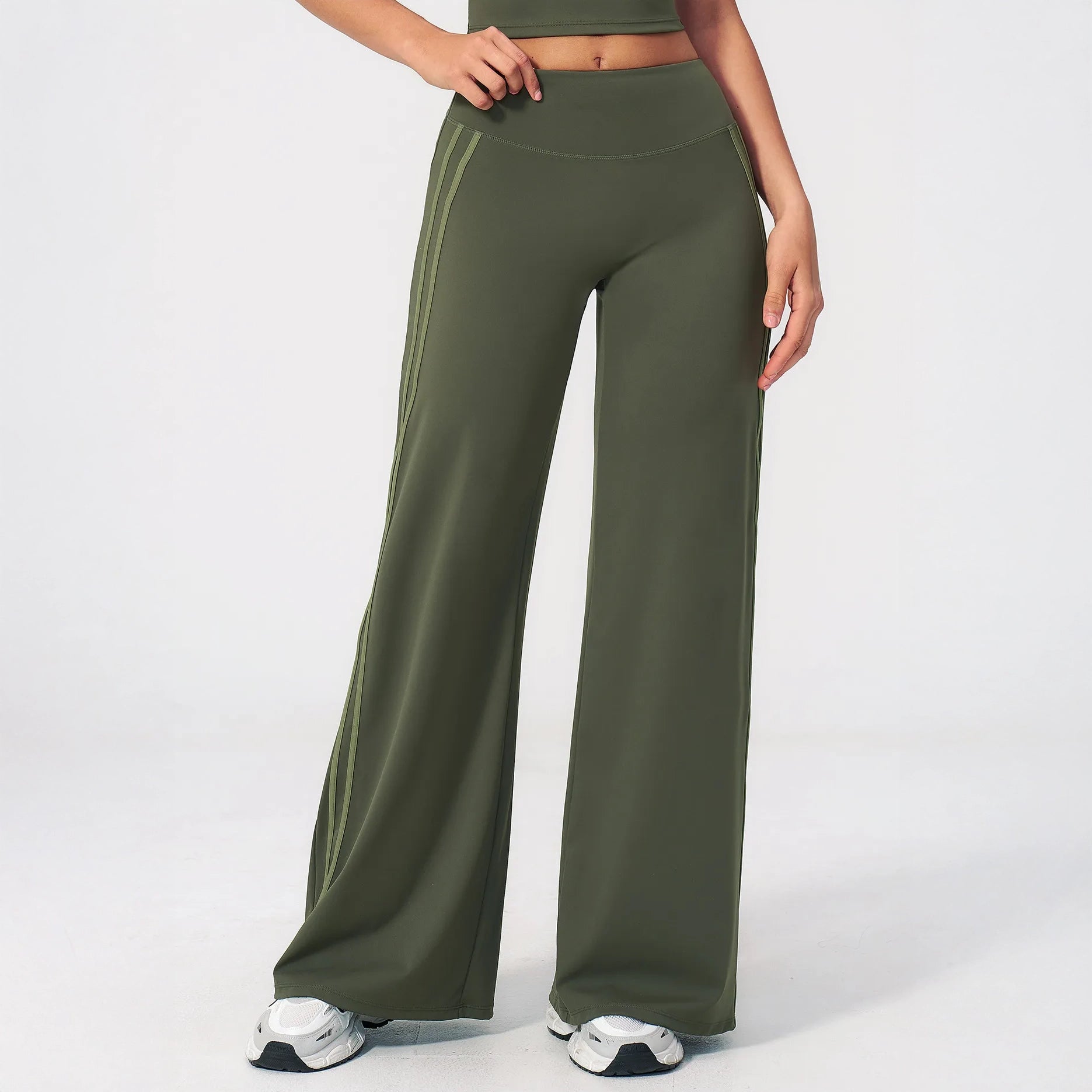 Contrast Side-Stripe Yoga Flare Pants - Moss Green - moss green side view