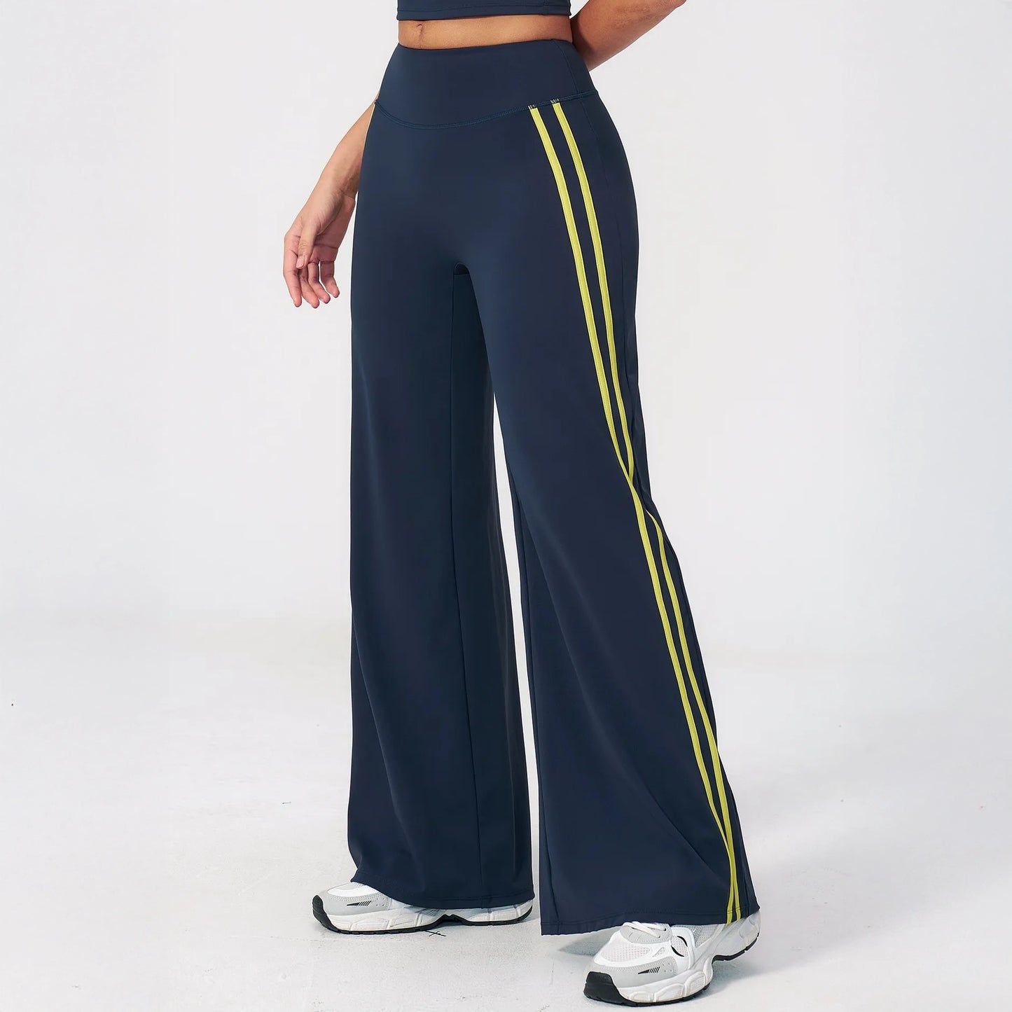 Contrast Side-Stripe Yoga Flare Pants - Navy Blue - navy blue angled leg view
