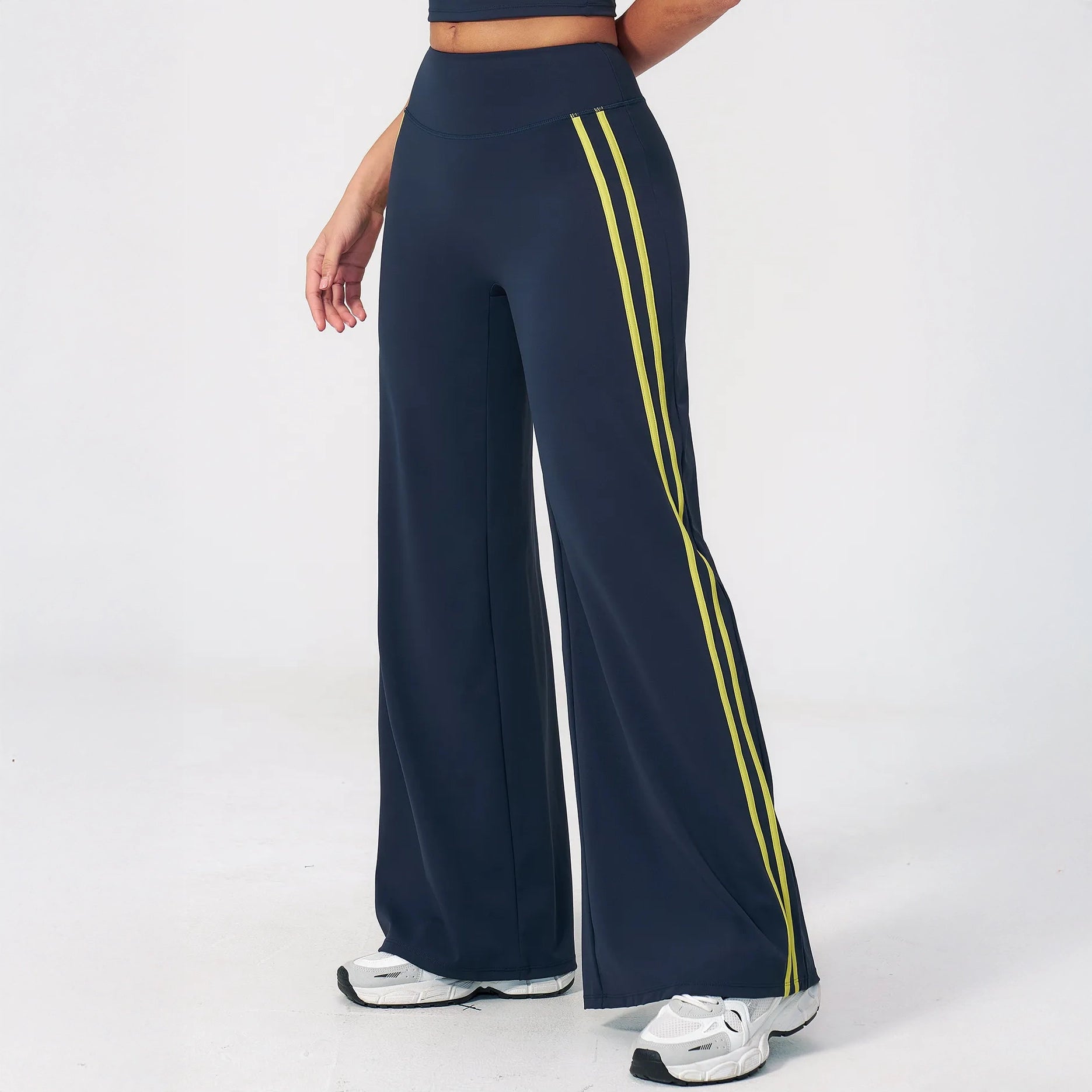 Contrast Side-Stripe Yoga Flare Pants - Navy Blue - navy blue angled leg view