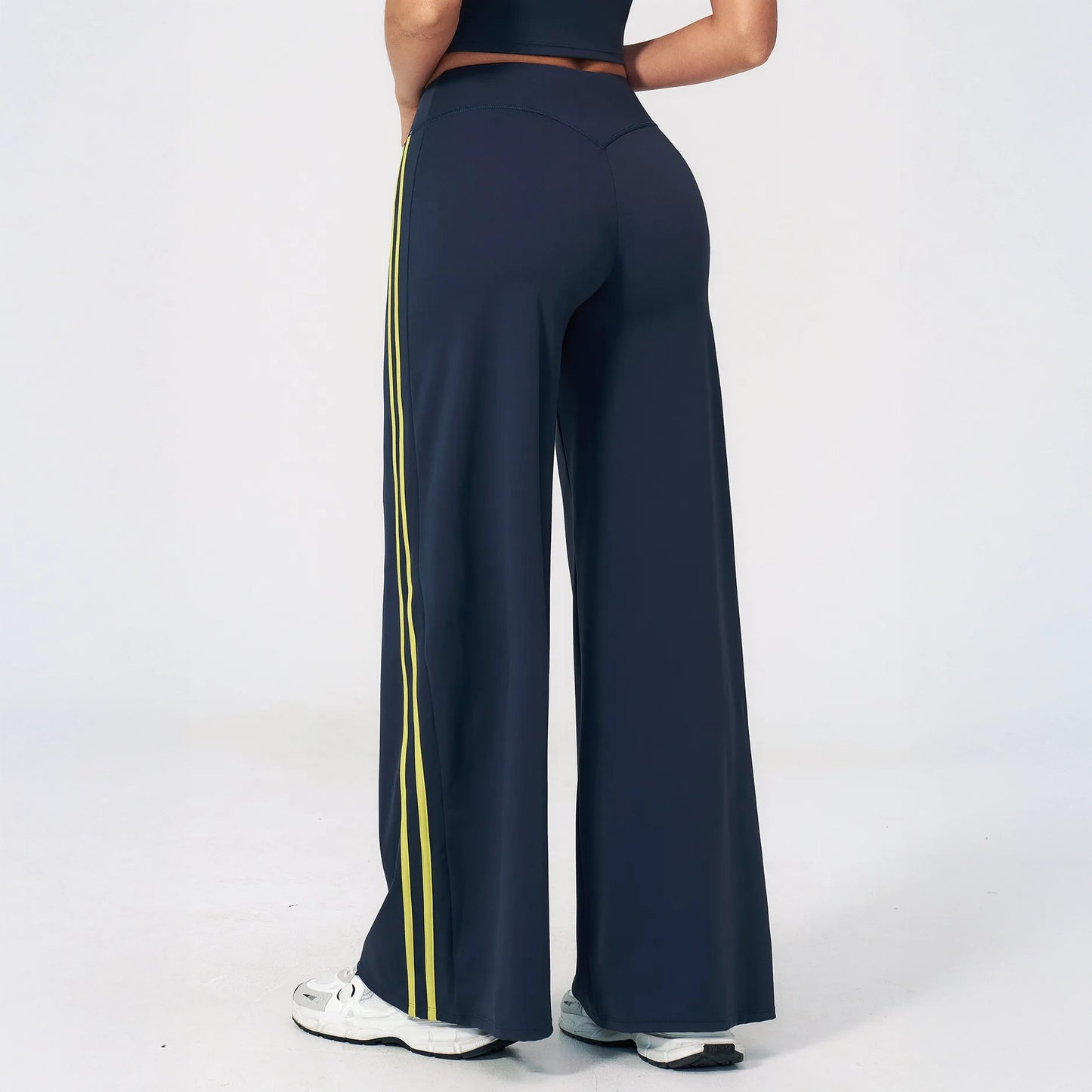 Contrast Side-Stripe Yoga Flare Pants - Navy Blue - navy blue back view