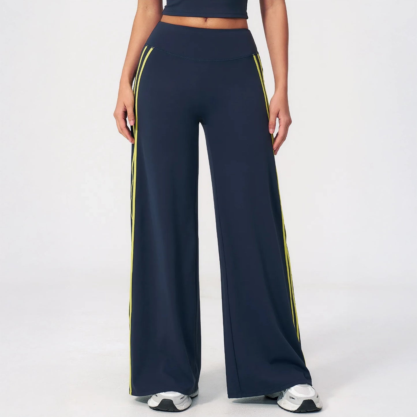 Contrast Side-Stripe Yoga Flare Pants - Navy Blue - navy blue front view