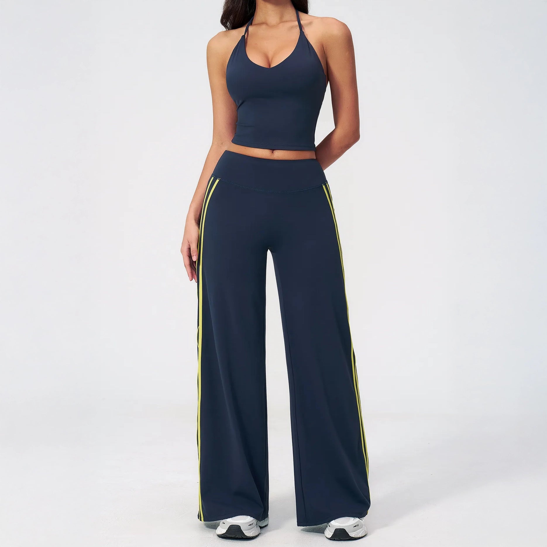 Contrast Side-Stripe Yoga Flare Pants - Navy Blue - navy blue full styling
