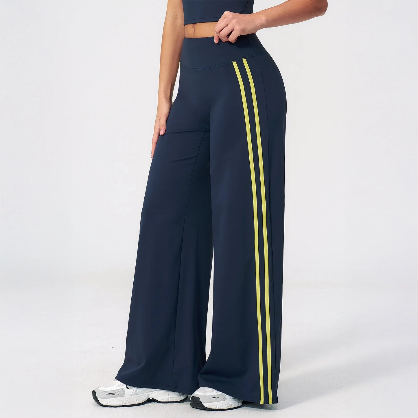 Contrast Side-Stripe Yoga Flare Pants - Navy Blue - navy blue side stripe view