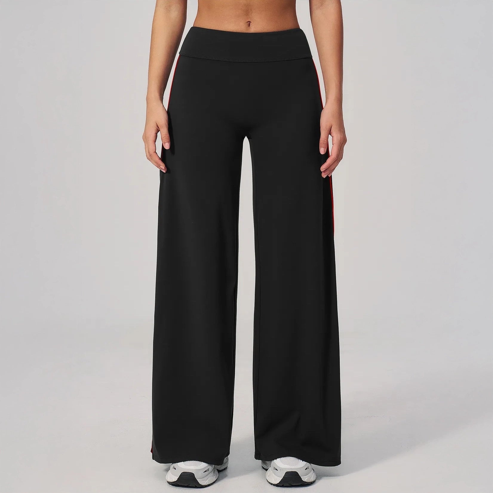 Contrast Straight Wide-Leg Yoga Pants - Black / Red - black red front view