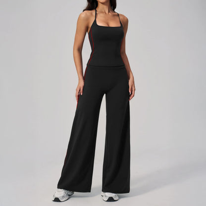 Contrast Straight Wide-Leg Yoga Pants - Black / Red - black red full styling