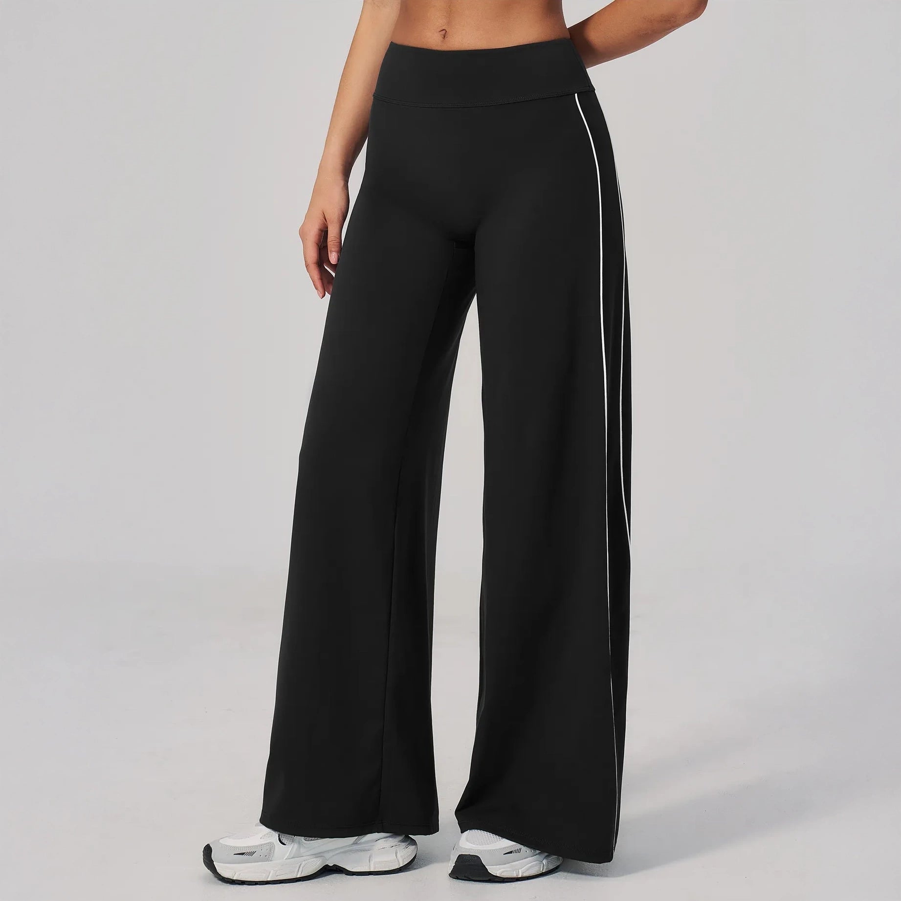 Contrast Straight Wide-Leg Yoga Pants - Black / White - black white front angle