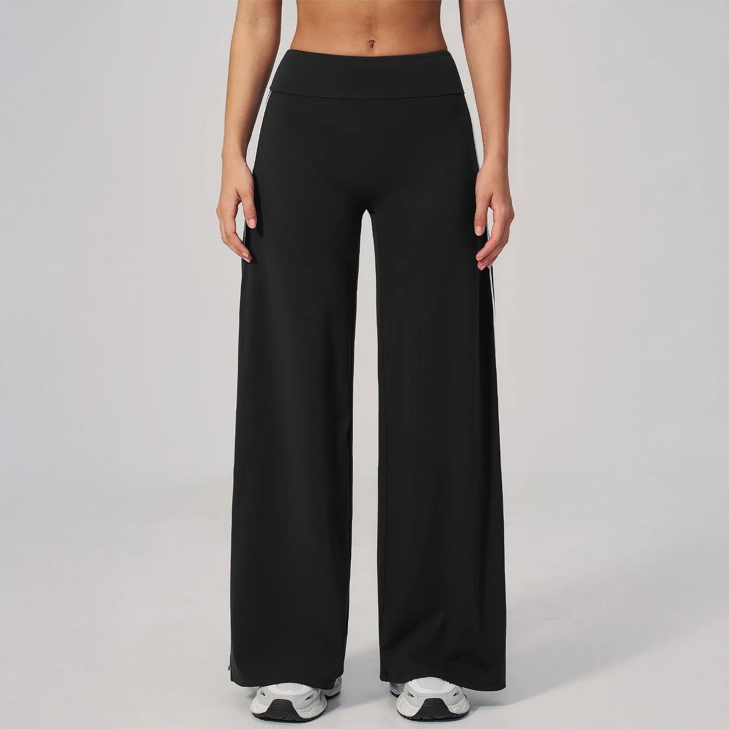 Contrast Straight Wide-Leg Yoga Pants - Black / White - black white front view