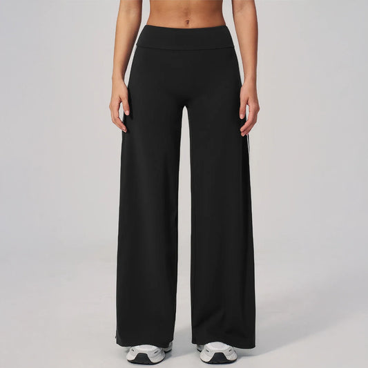 Contrast Straight Wide-Leg Yoga Pants - Black / White - black white front view