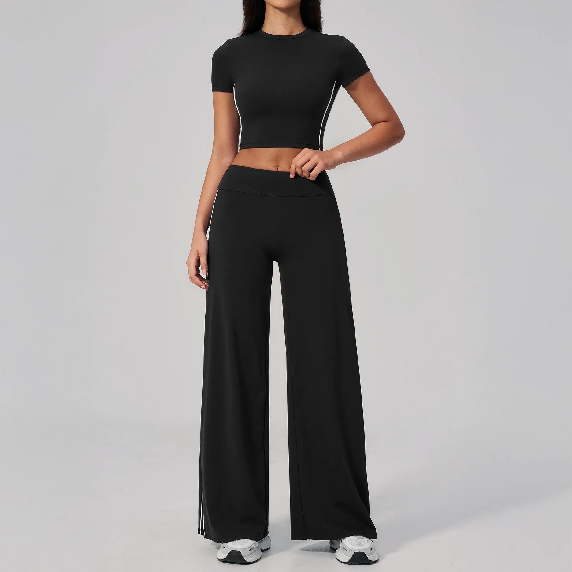 Contrast Straight Wide-Leg Yoga Pants - Black / White - black white full styling