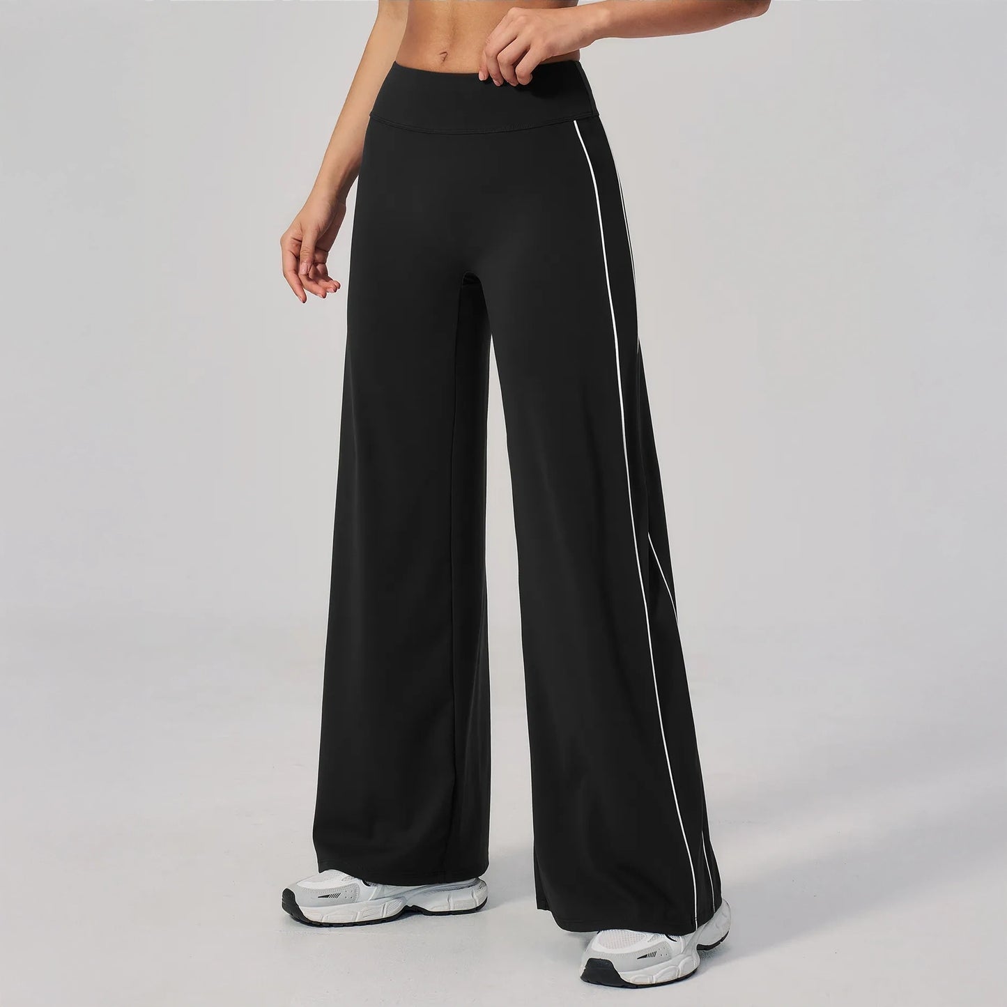 Contrast Straight Wide-Leg Yoga Pants - Black / White - black white side view