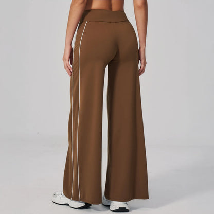 Contrast Straight Wide-Leg Yoga Pants - Chestnut Brown / Cream - chestnut brown cream back view
