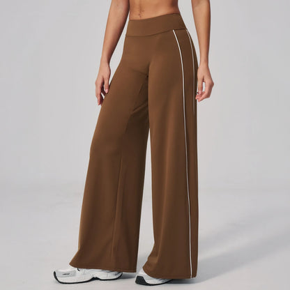 Contrast Straight Wide-Leg Yoga Pants - Chestnut Brown / Cream - chestnut brown cream front angle