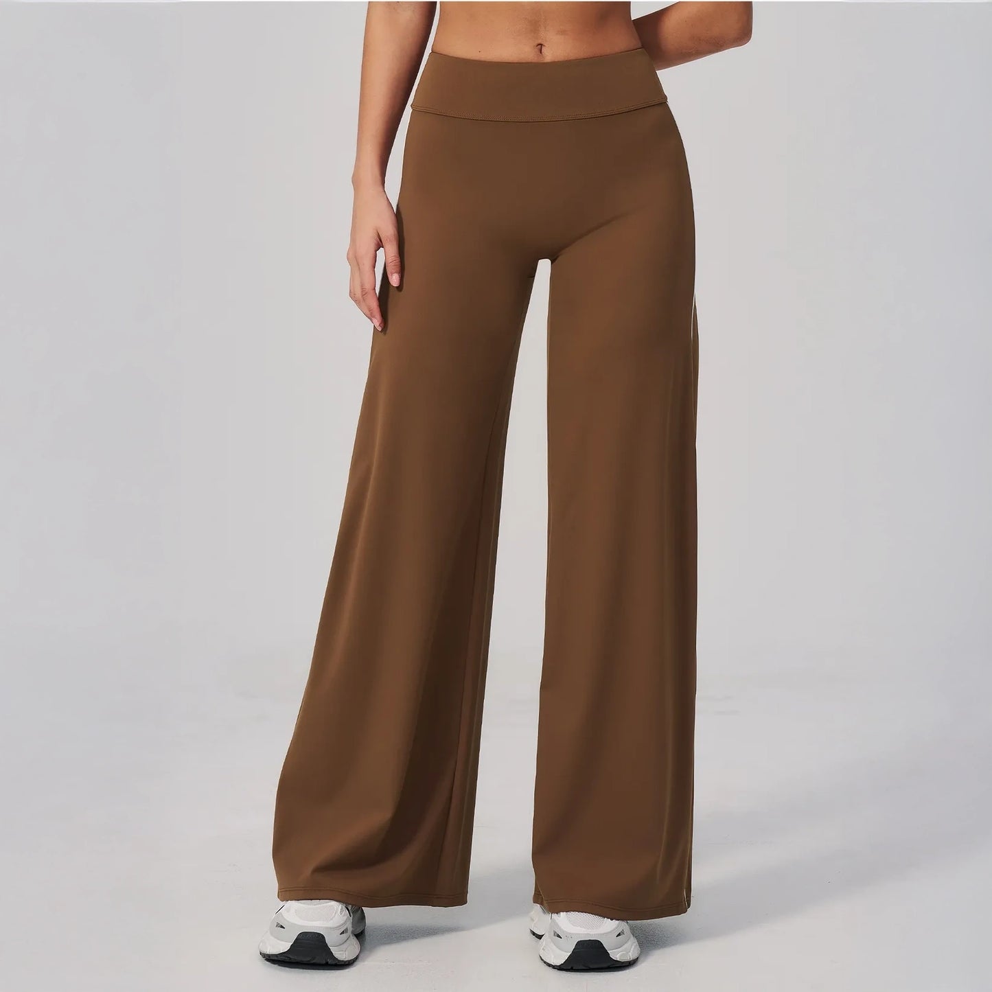 Contrast Straight Wide-Leg Yoga Pants - Chestnut Brown / Cream - chestnut brown cream front view