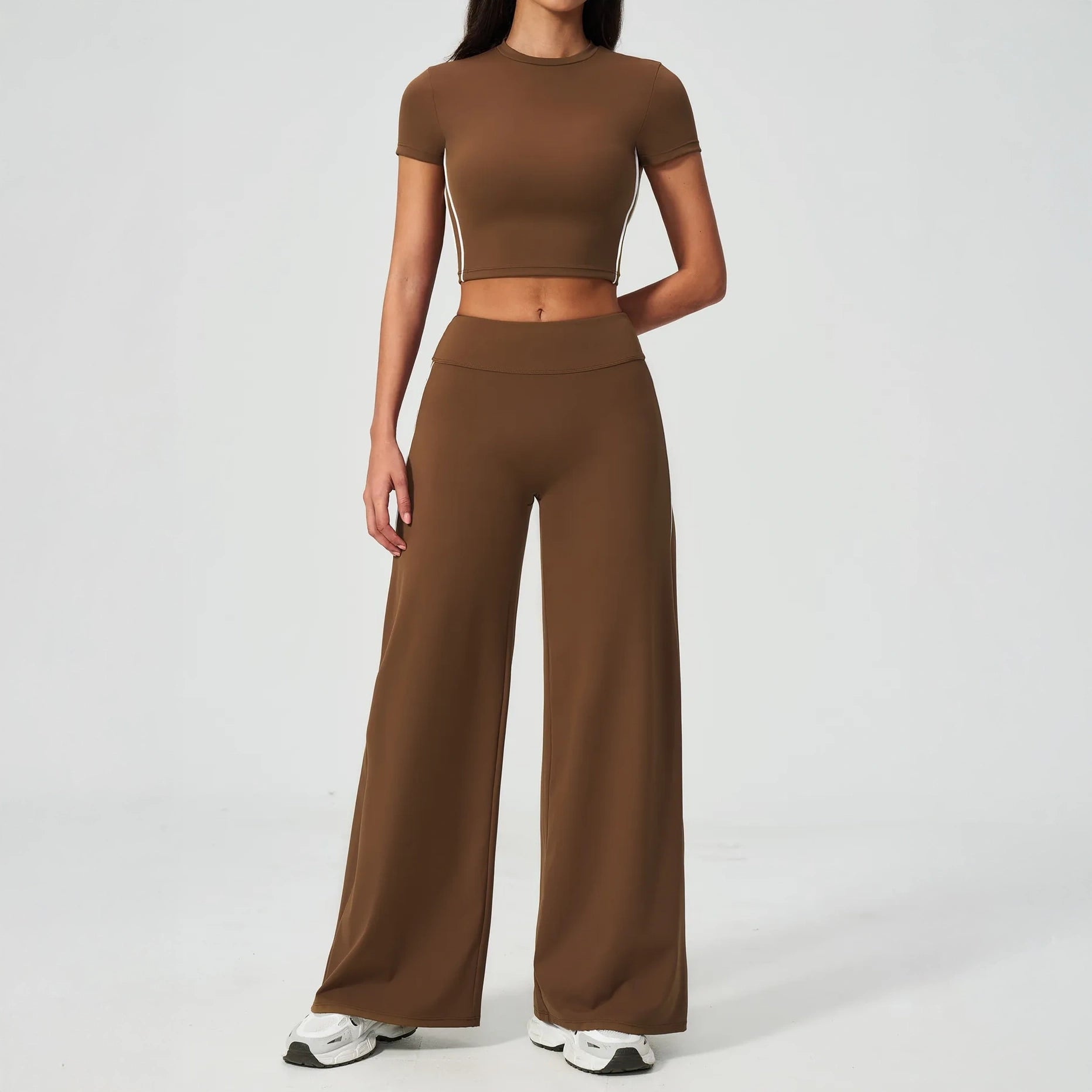Contrast Straight Wide-Leg Yoga Pants - Chestnut Brown / Cream - chestnut brown cream full styling