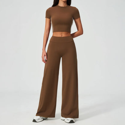 Contrast Straight Wide-Leg Yoga Pants - Chestnut Brown / Cream - chestnut brown cream full styling
