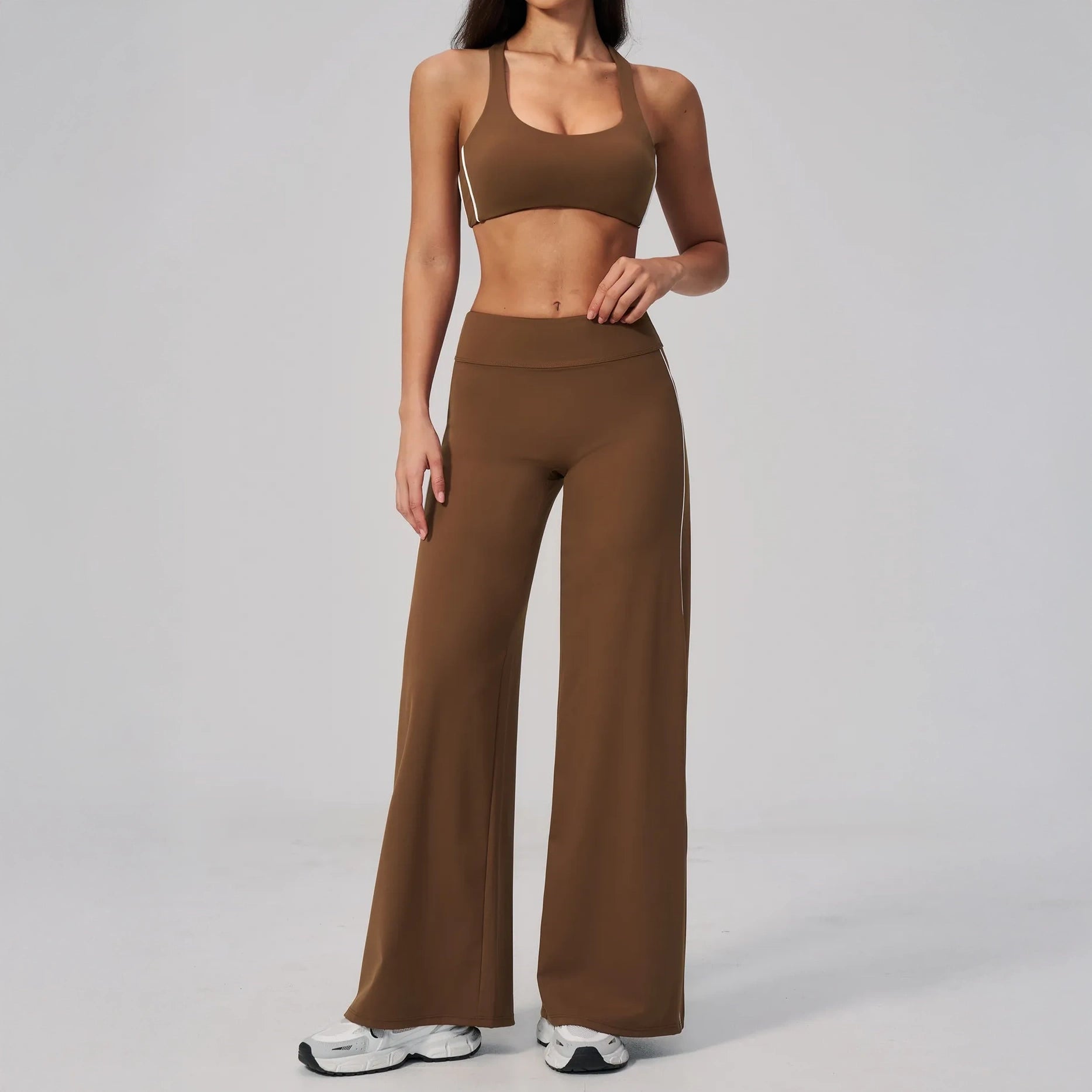 Contrast Straight Wide-Leg Yoga Pants - Chestnut Brown / Cream - chestnut brown cream set styling