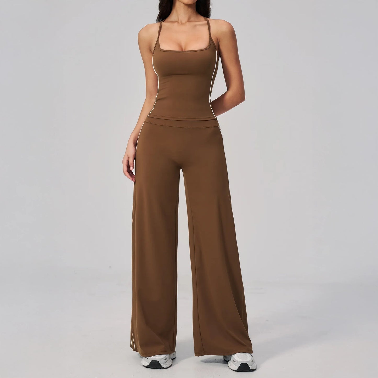 Contrast Straight Wide-Leg Yoga Pants - Chestnut Brown / Cream - chestnut brown cream tank styling
