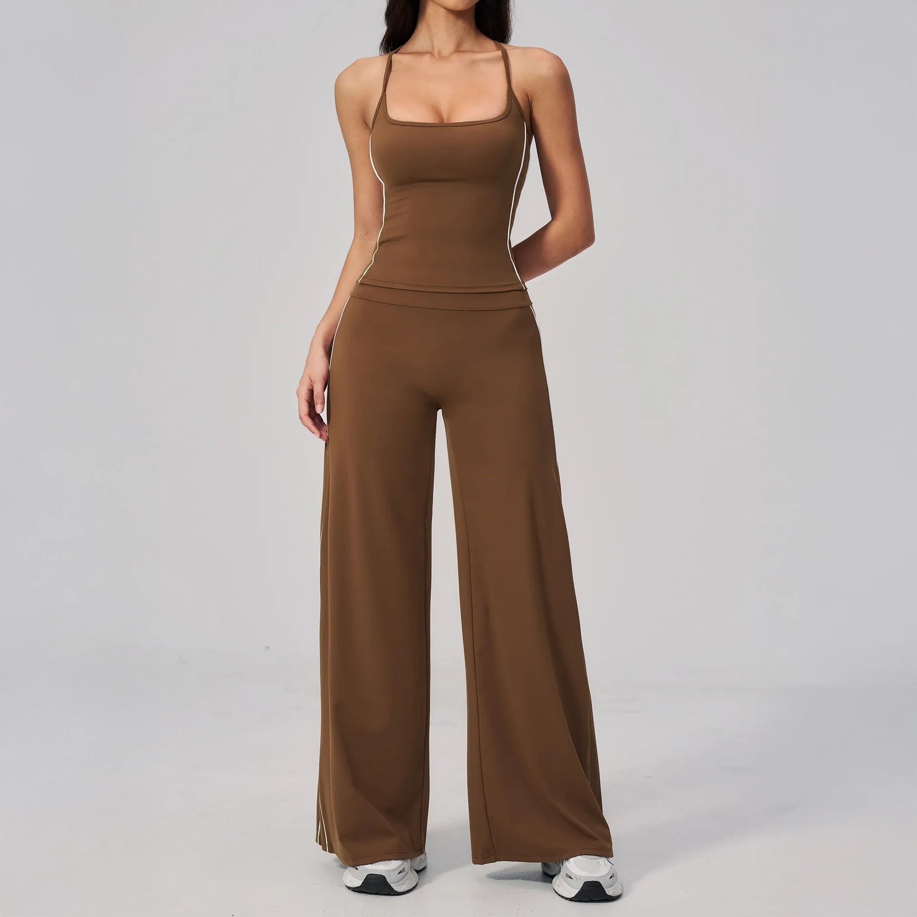 Contrast Straight Wide-Leg Yoga Pants - Chestnut Brown / Cream - chestnut brown cream tank styling