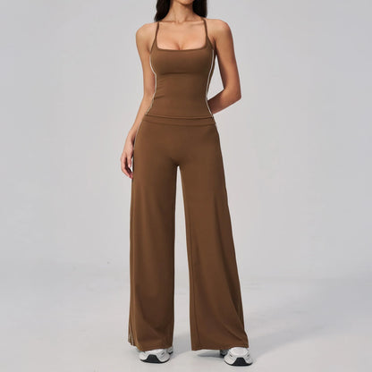 Contrast Straight Wide-Leg Yoga Pants - Chestnut Brown / Cream - chestnut brown cream tank styling