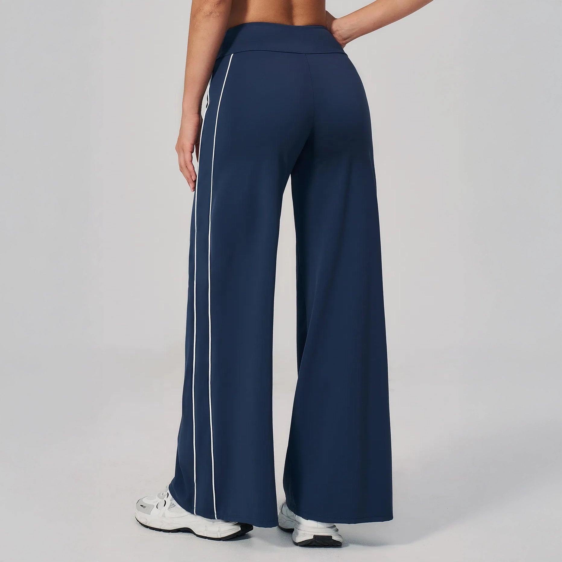 Contrast Straight Wide-Leg Yoga Pants - Navy Blue / White - navy blue white back view