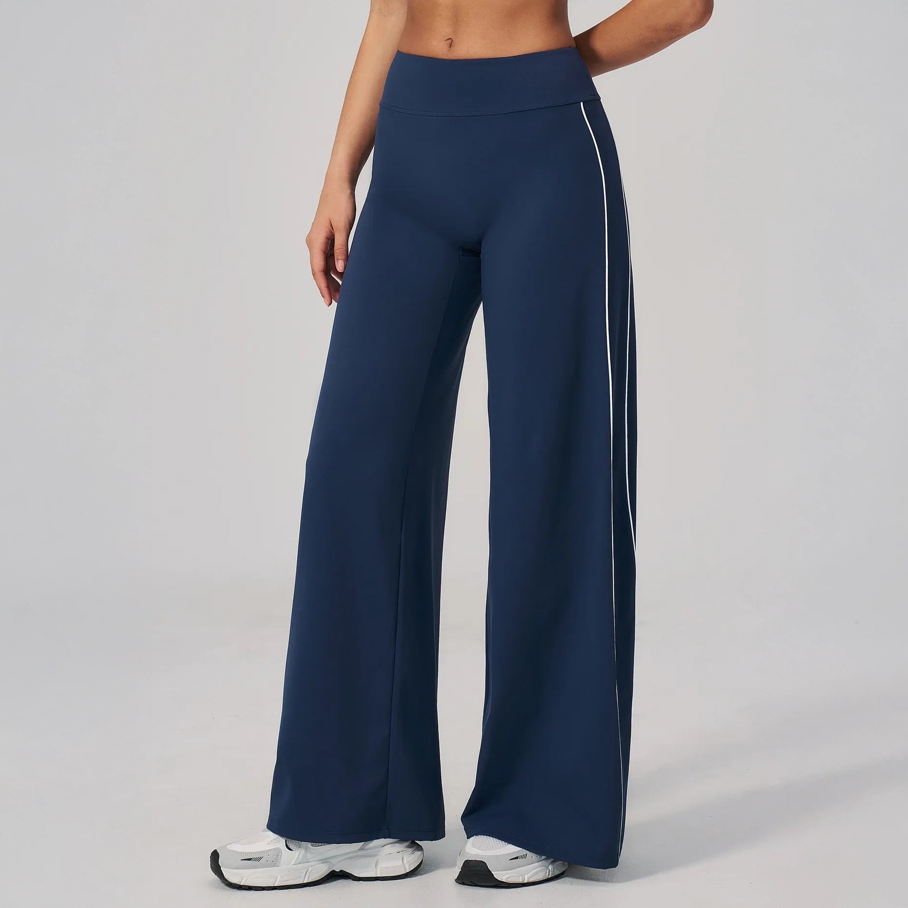 Contrast Straight Wide-Leg Yoga Pants - Navy Blue / White - navy blue white front styling