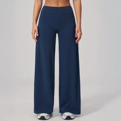 Contrast Straight Wide-Leg Yoga Pants - Navy Blue / White - navy blue white front view