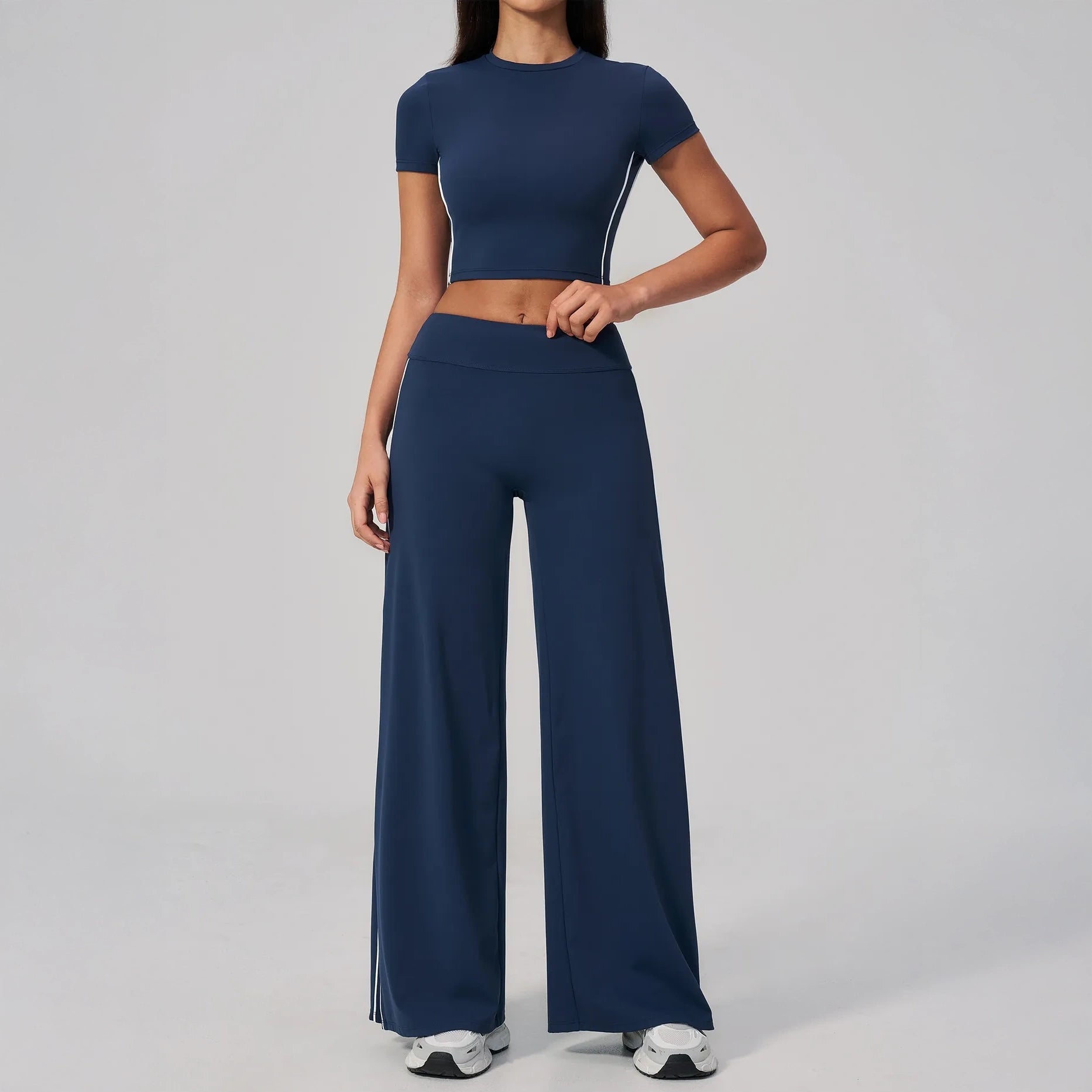 Contrast Straight Wide-Leg Yoga Pants - Navy Blue / White - navy blue white full styling