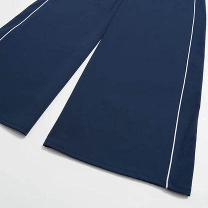 Contrast Straight Wide-Leg Yoga Pants - Navy Blue / White - navy blue white leg opening flat