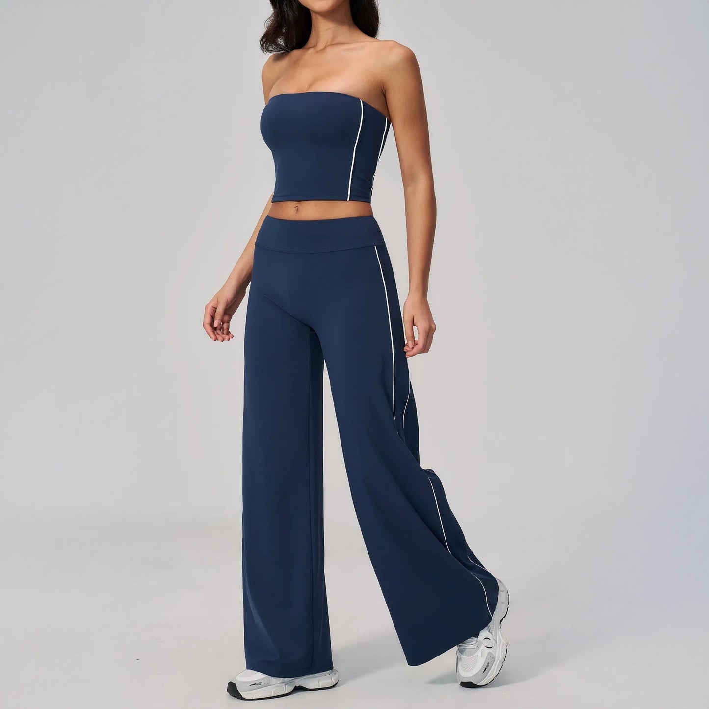 Contrast Straight Wide-Leg Yoga Pants - Navy Blue / White - navy blue white movement view