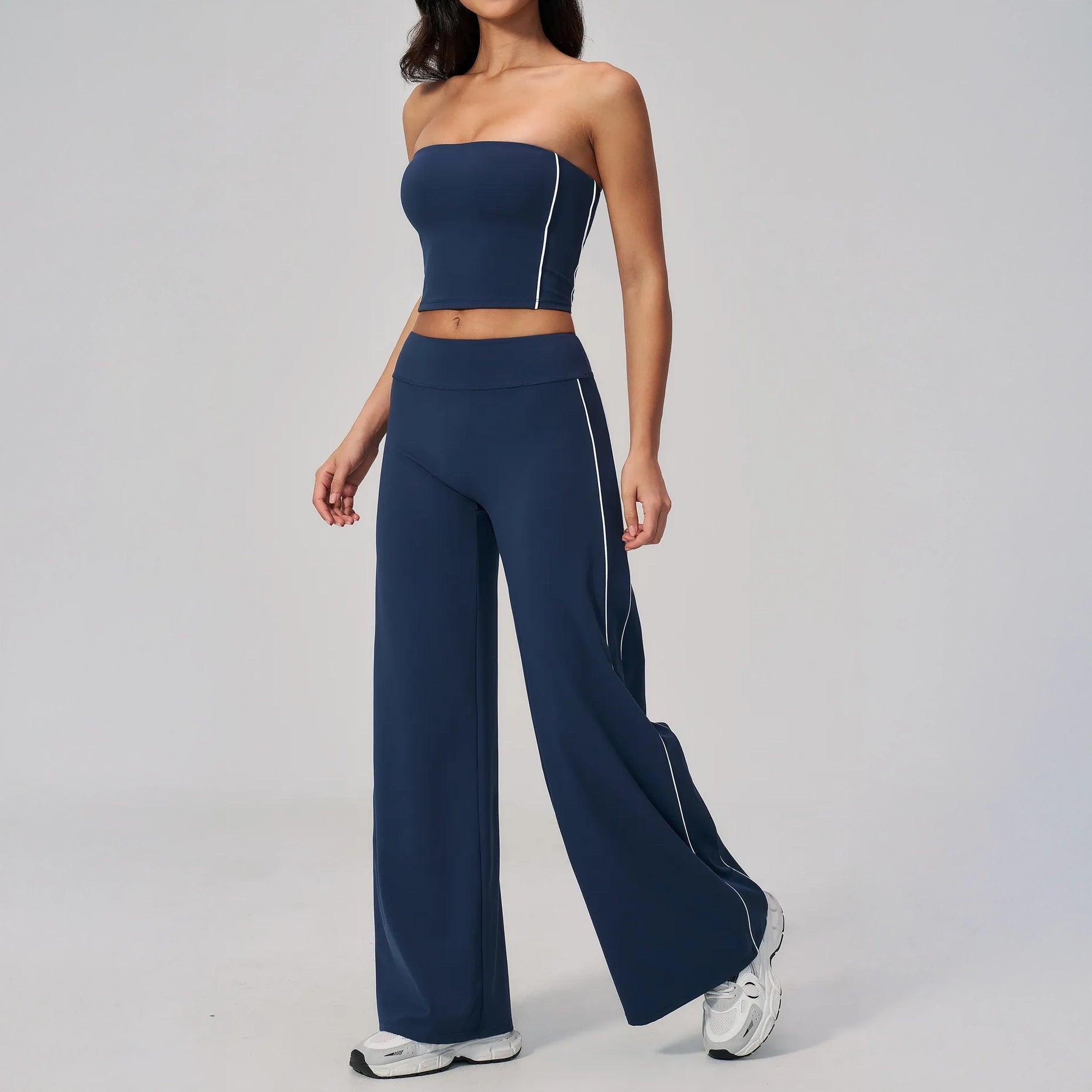 Contrast Straight Wide-Leg Yoga Pants - Navy Blue / White - navy blue white movement view