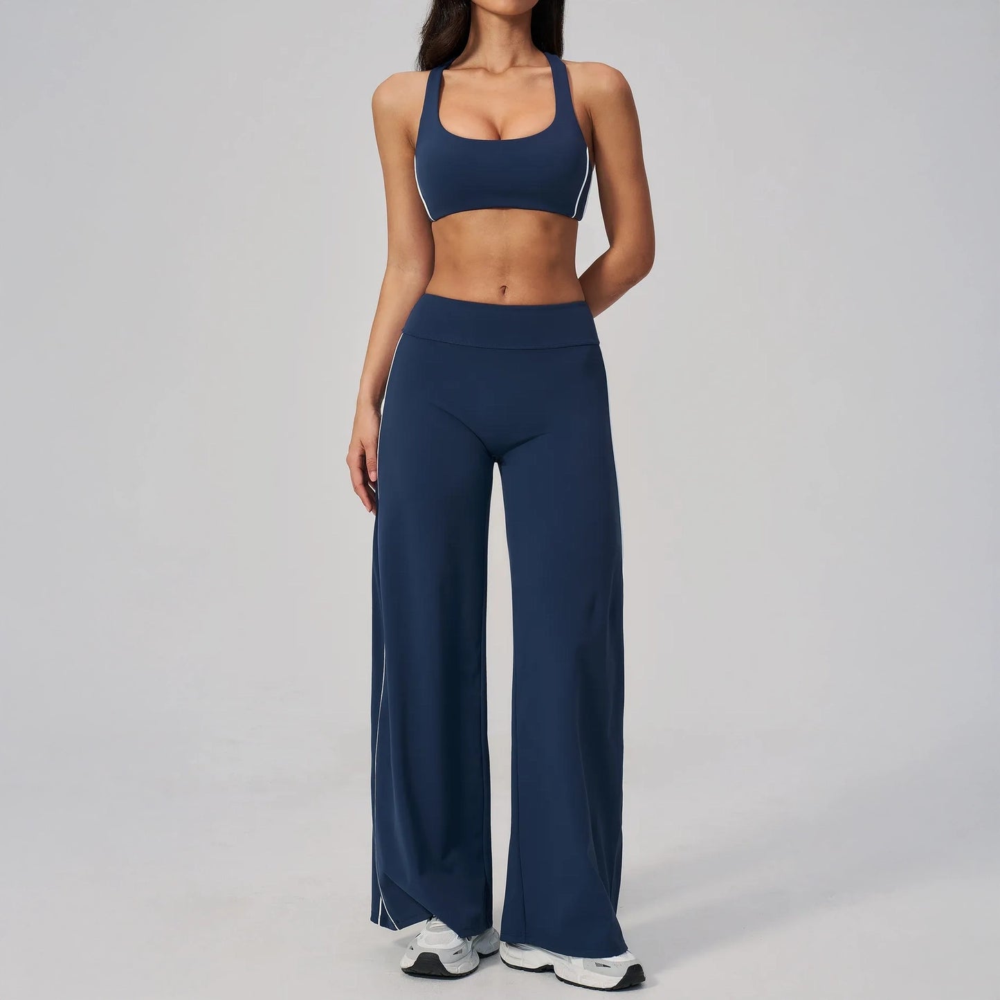Contrast Straight Wide-Leg Yoga Pants - Navy Blue / White - navy blue white set styling