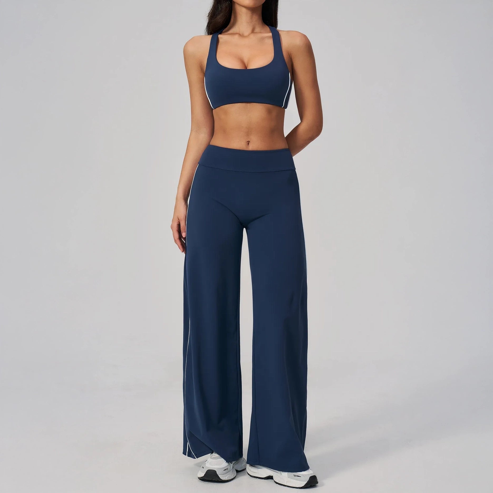 Contrast Straight Wide-Leg Yoga Pants - Navy Blue / White - navy blue white set styling