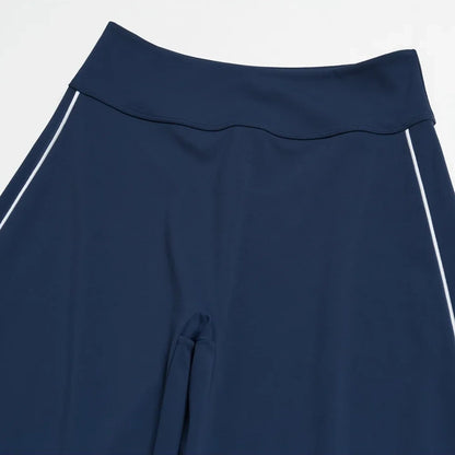 Contrast Straight Wide-Leg Yoga Pants - Navy Blue / White - navy blue white waistband flat